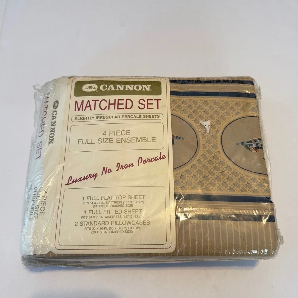 Vintage Cannon Full Sheet Set Fly Fishing Lures Percale 4pc Tan Blue Made in USA